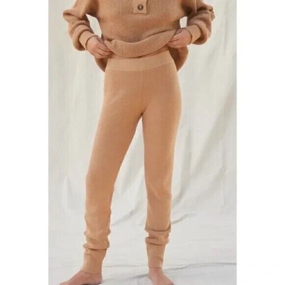 LUNYA Cozy Cotton Silk Waffle Knit Lounge Pants Beige Tan - Picture 1 of 5